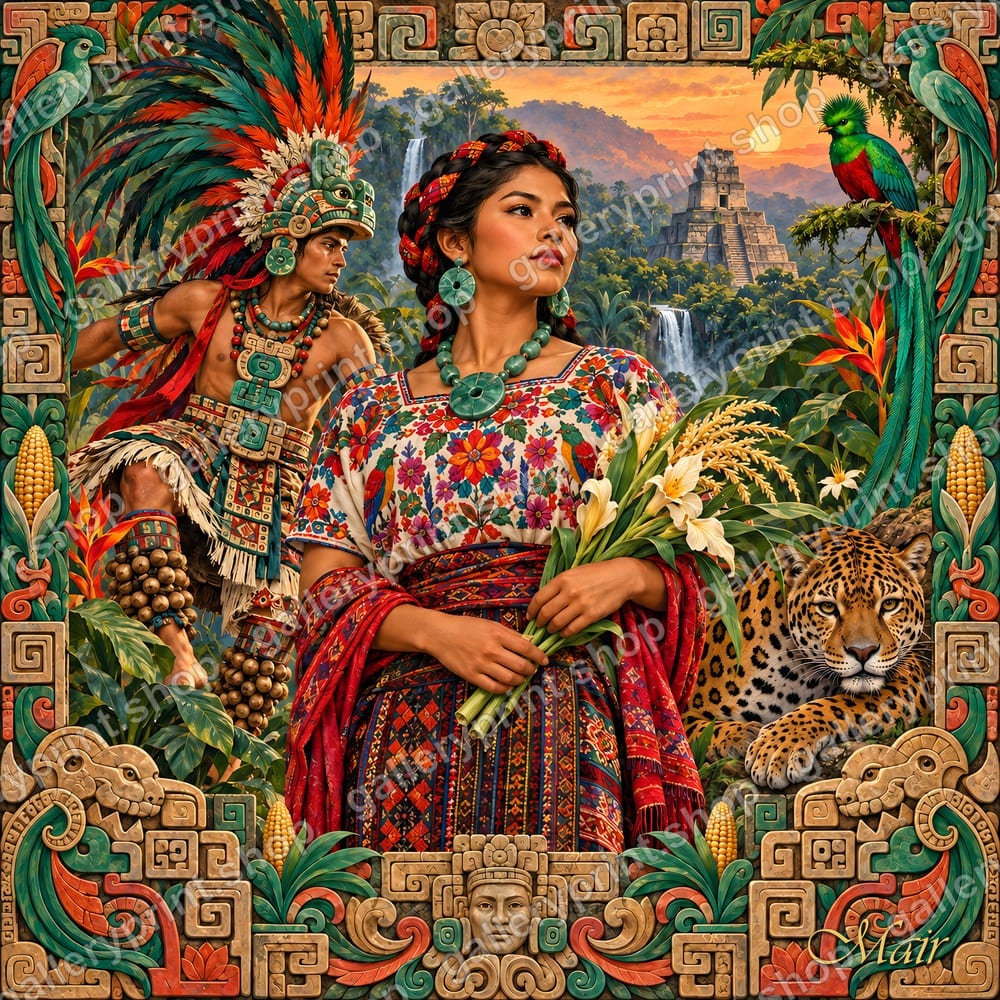 Maya Jaguar Warrior & Quetzal Princess – printable wall art