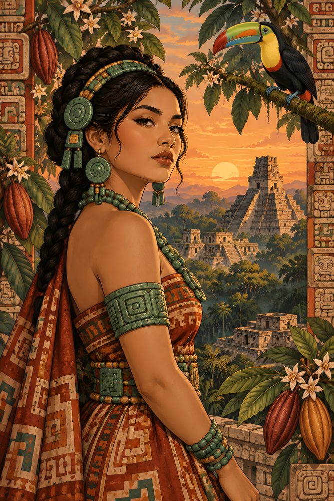 Maya Woman, Toucan & Pyramid at Sunset, printable wall art