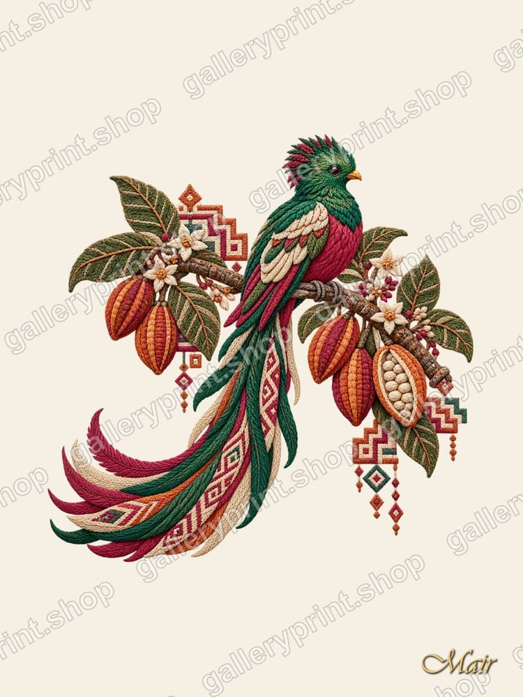 Quetzal on a Cacao Branch – printable wall art