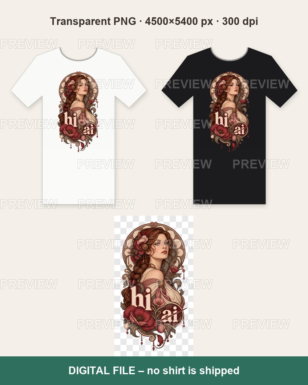 HI Not AI – Art Nouveau Woman – T-shirt design PNG