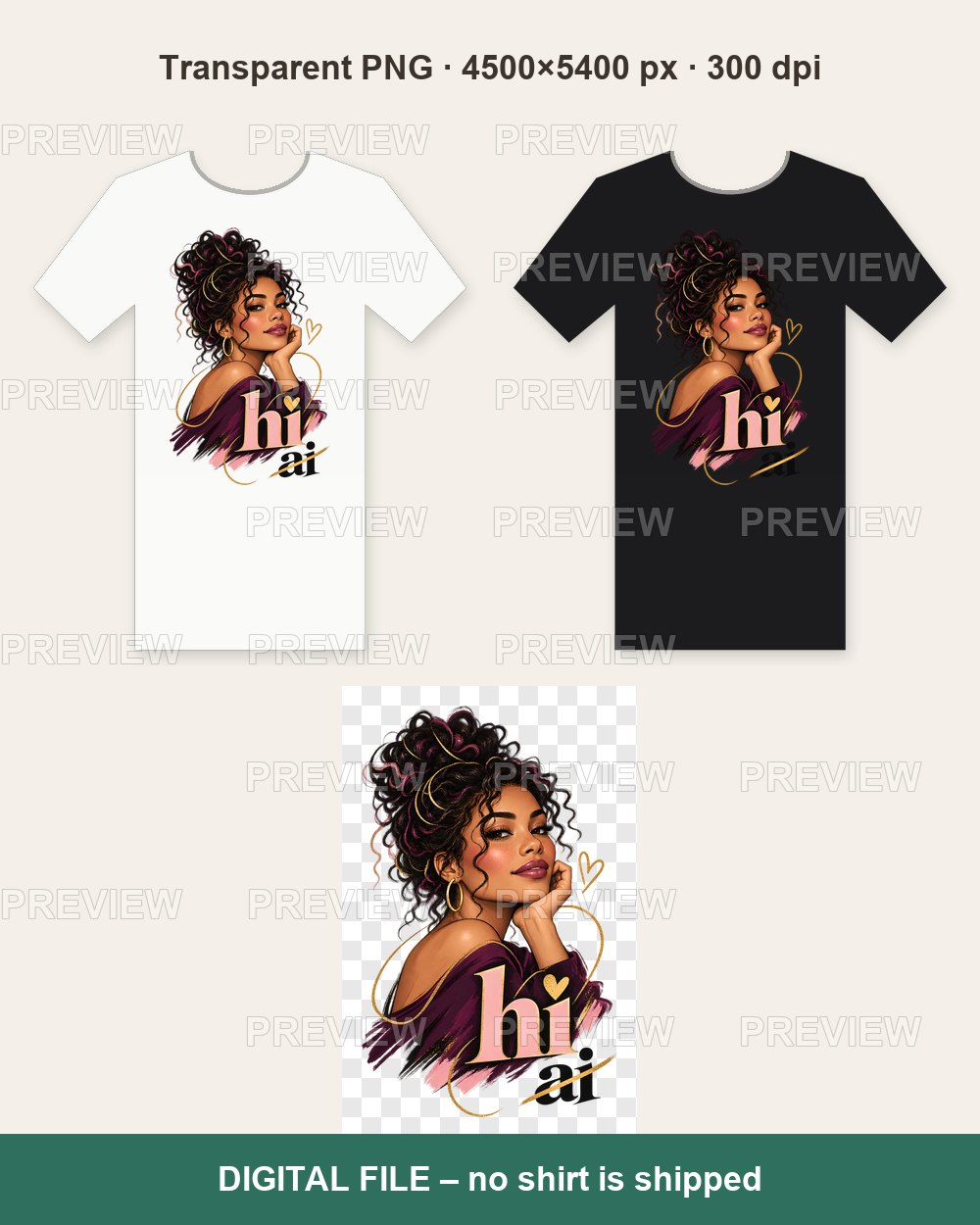 HI Not AI – Glam Curly Hair Woman Portrait – T-shirt design PNG
