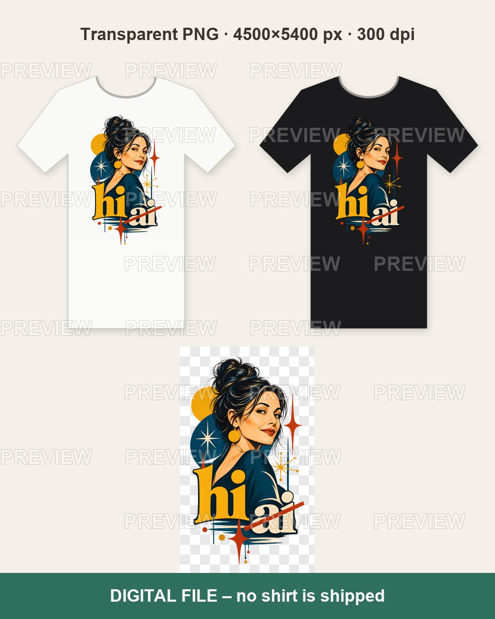 HI Not AI – Mid Century Retro Woman – T-shirt design PNG