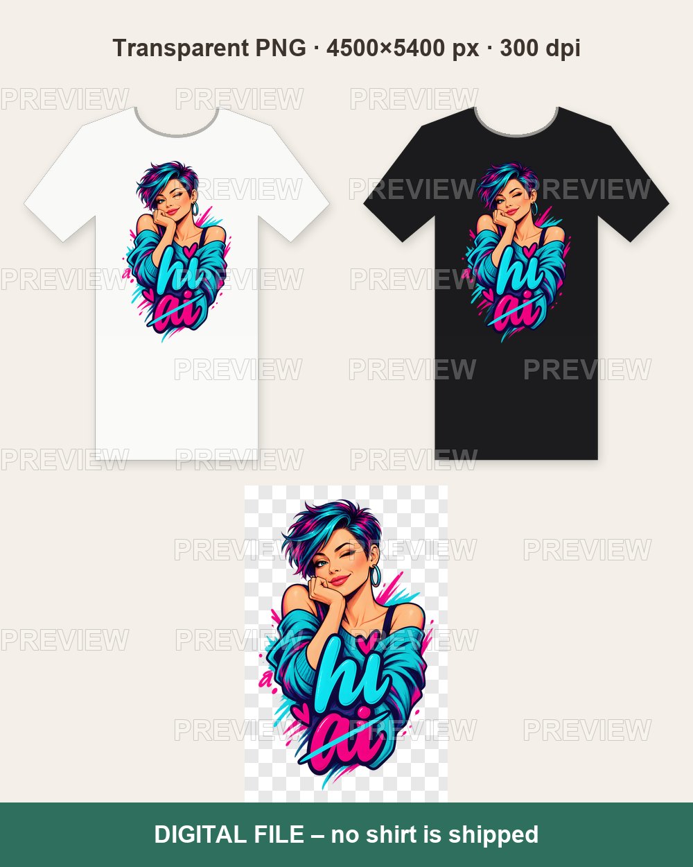 HI Not AI – Neon Graffiti Woman – T-shirt design PNG