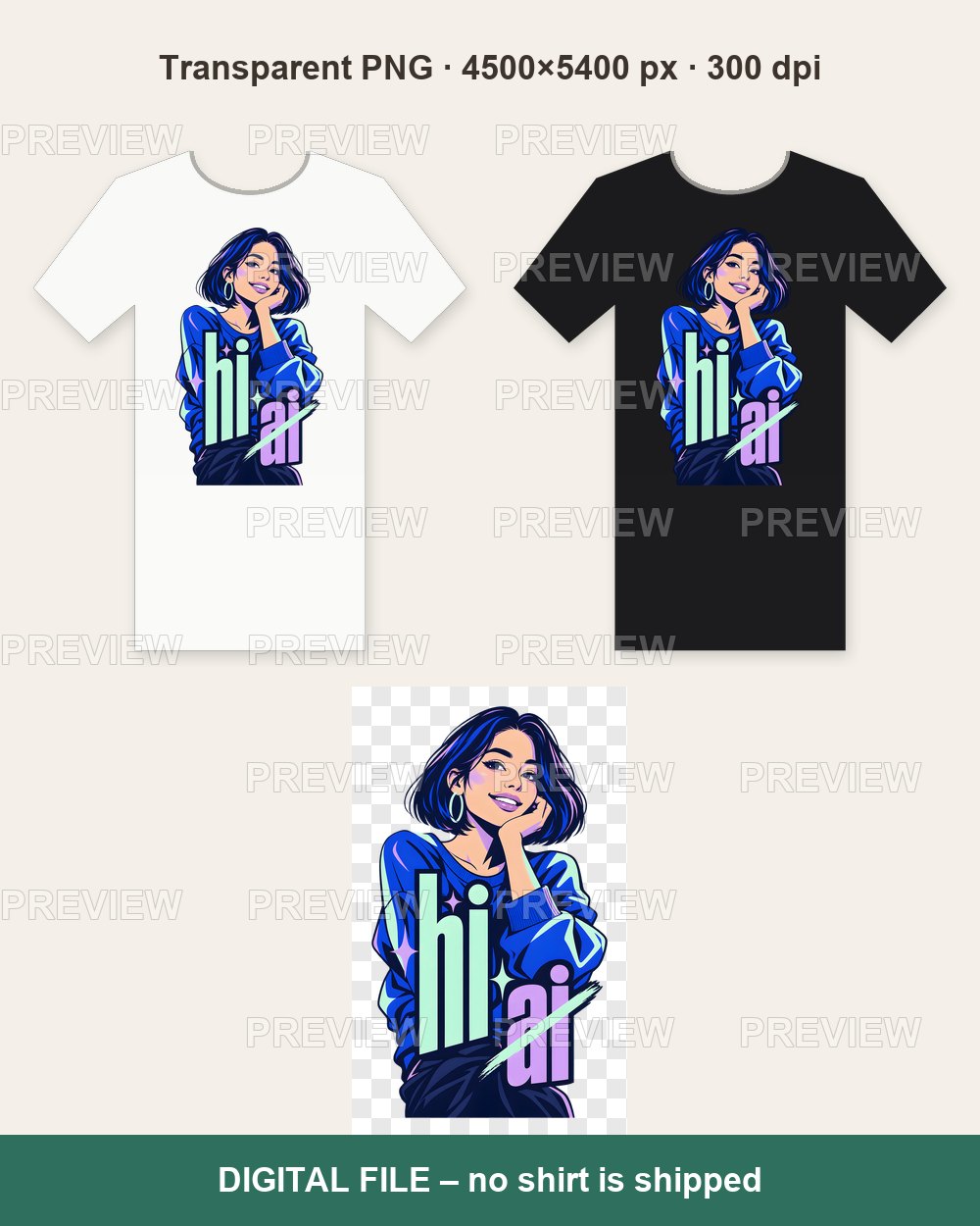 HI Not AI – Neon Pop Art Woman – T-shirt design PNG