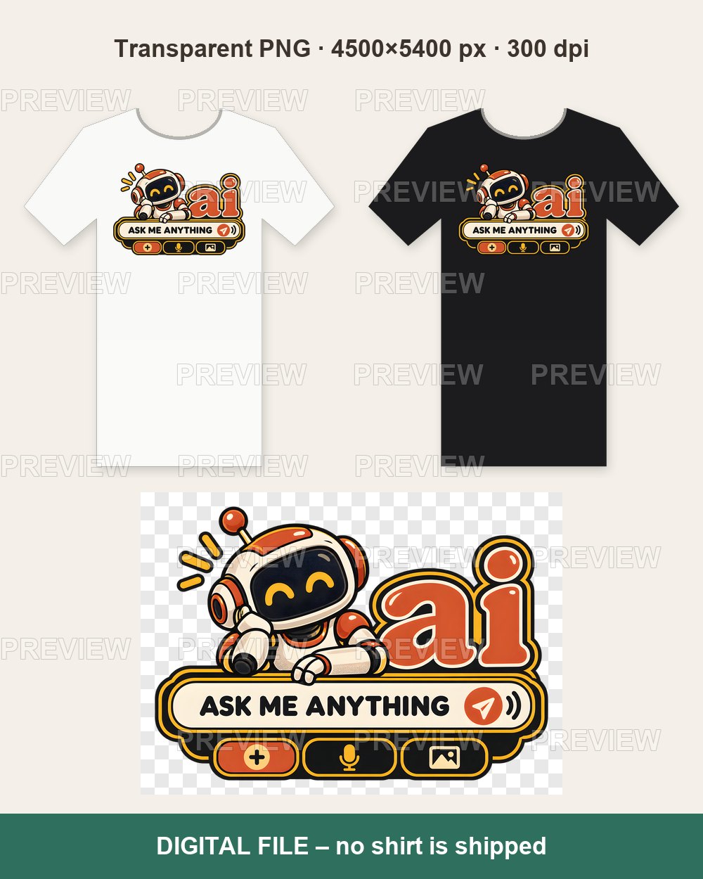 HI Not AI – Orange Curly Hair Chat – T-shirt design PNG