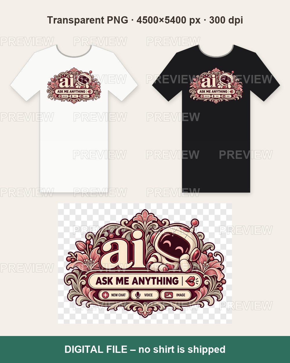 HI Not AI – Pink Floral Braid Chat – T-shirt design PNG