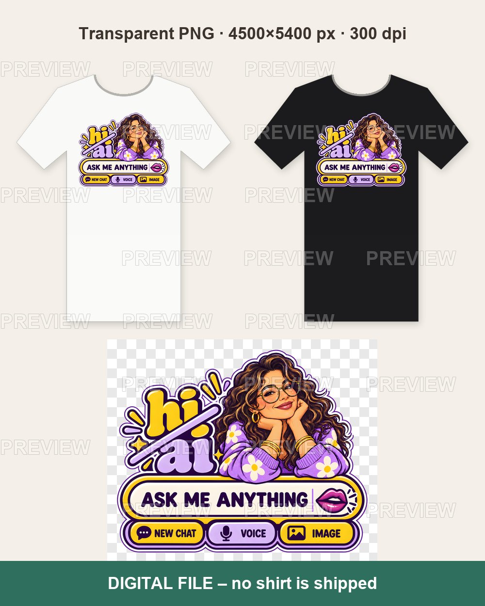 HI Not AI – Purple Curly Hair Chat – T-shirt design PNG