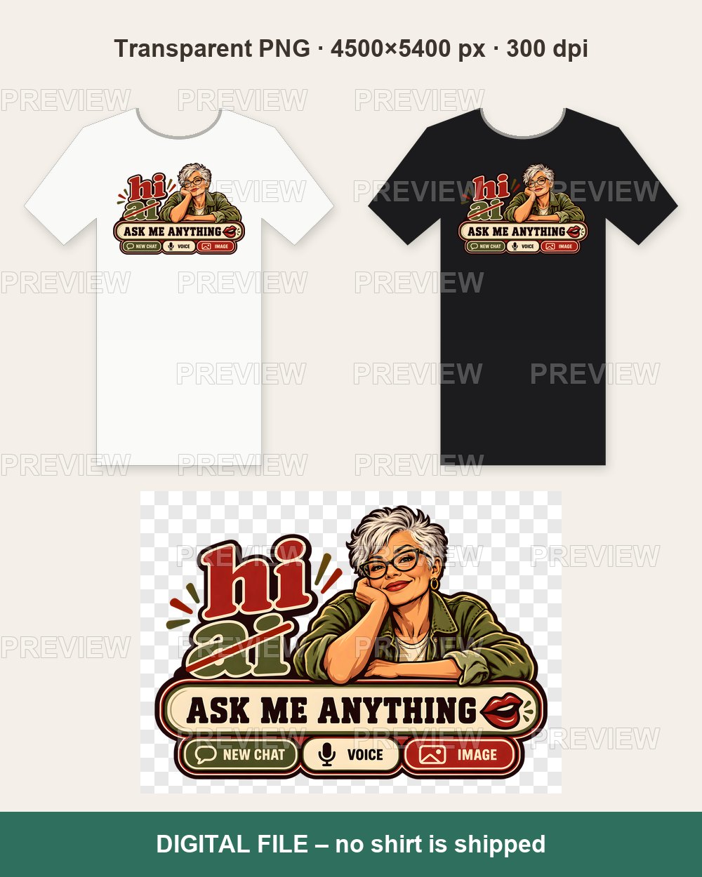 HI Not AI – Silver Hair Glasses Olive Chat – T-shirt design PNG