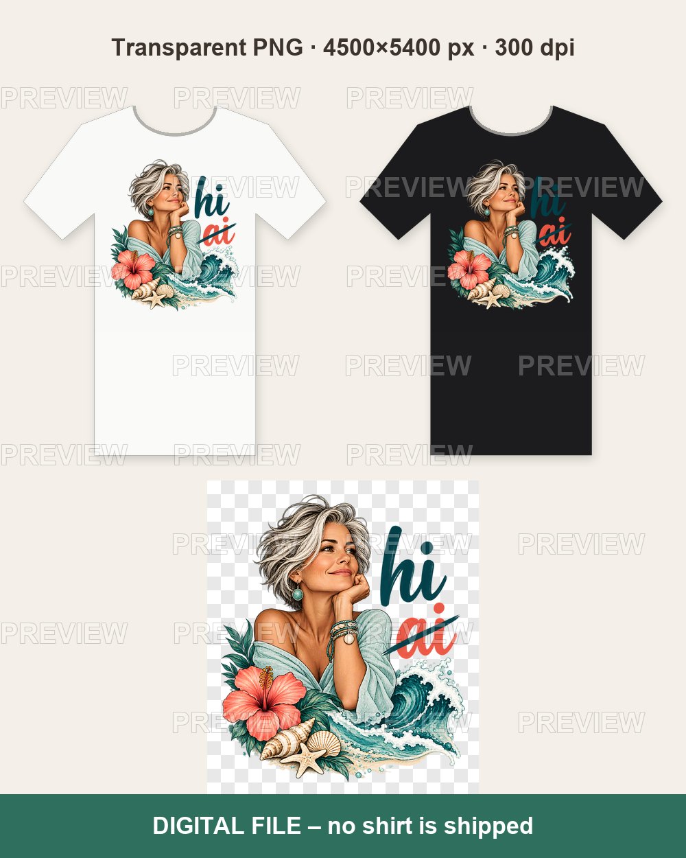 HI Not AI – Silver Haired Beach Woman – T-shirt design PNG