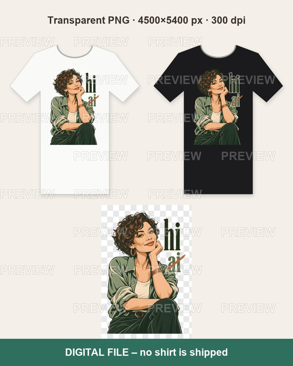 HI Not AI – Vintage Curly Hair Woman – T-shirt design PNG