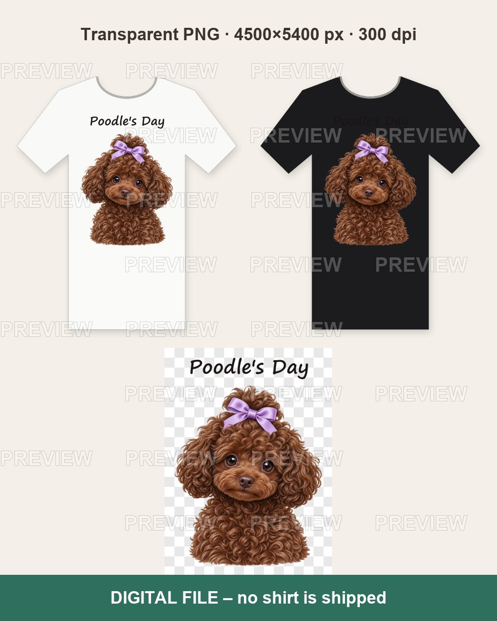 Poodle's Day – Brown Toy Poodle with Lilac Bow – T-shirt design PNG