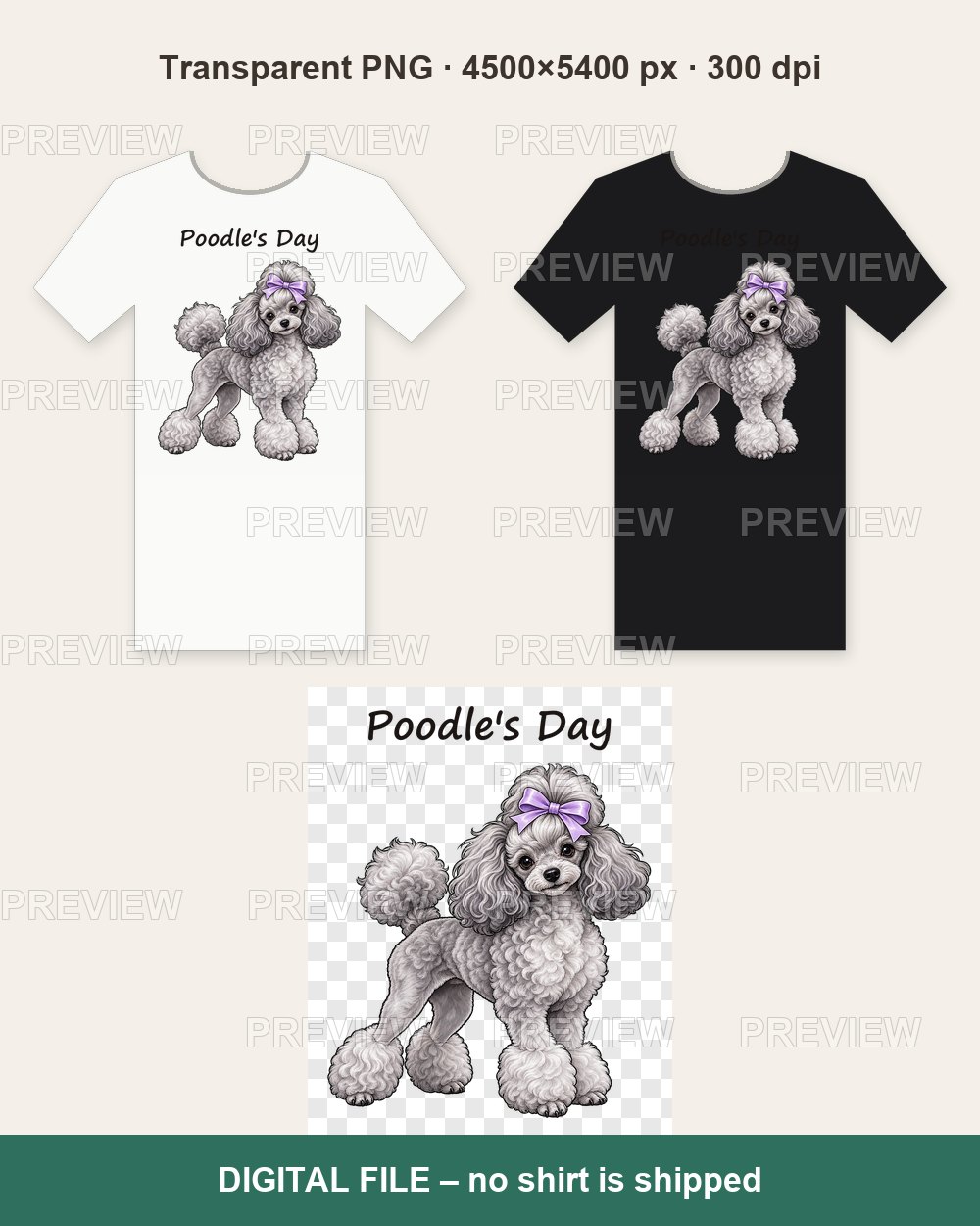 Poodle's Day – Silver Poodle with Bow – T-shirt design PNG