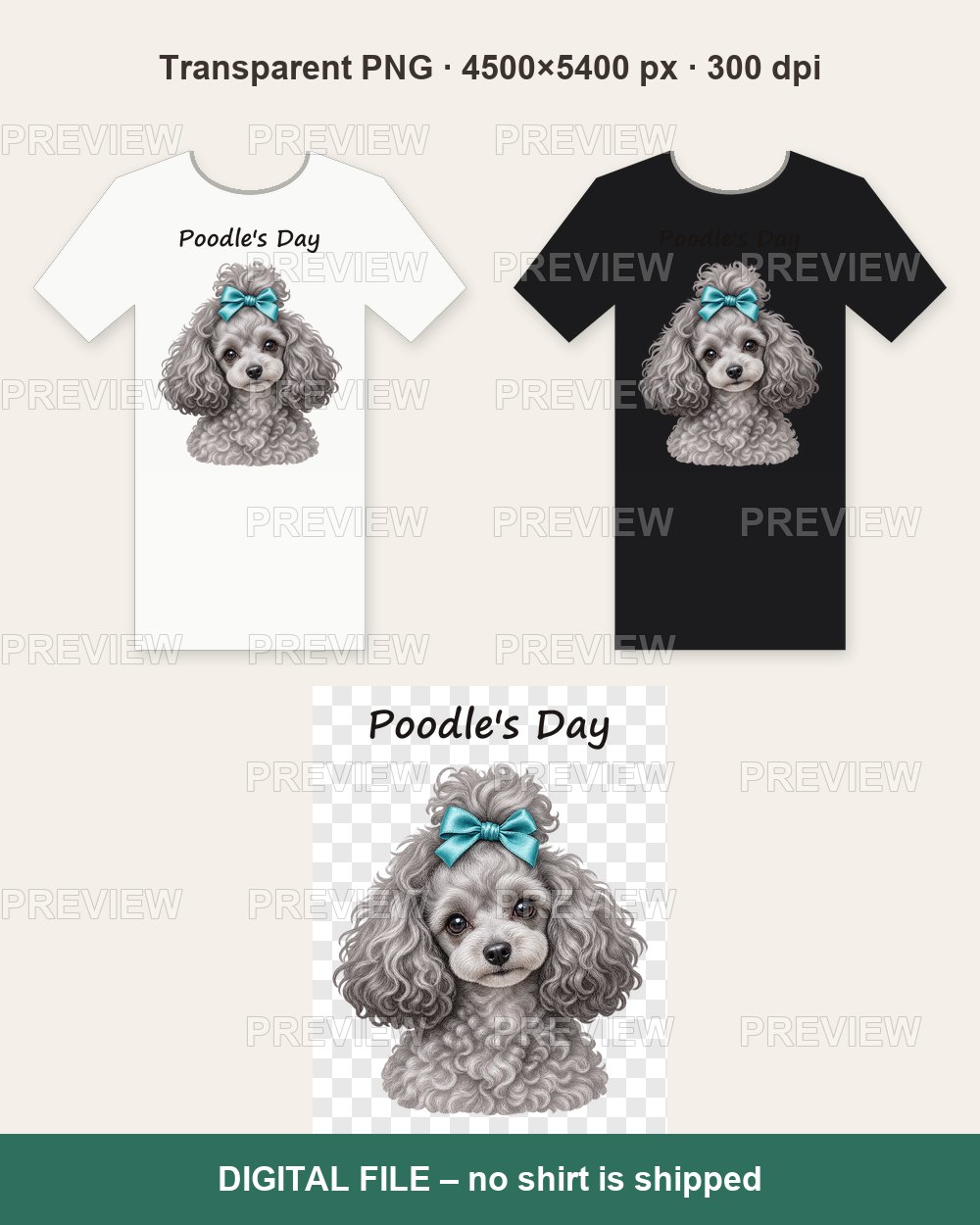 Poodle's Day – Silver Toy Poodle with Blue Bow – T-shirt design PNG