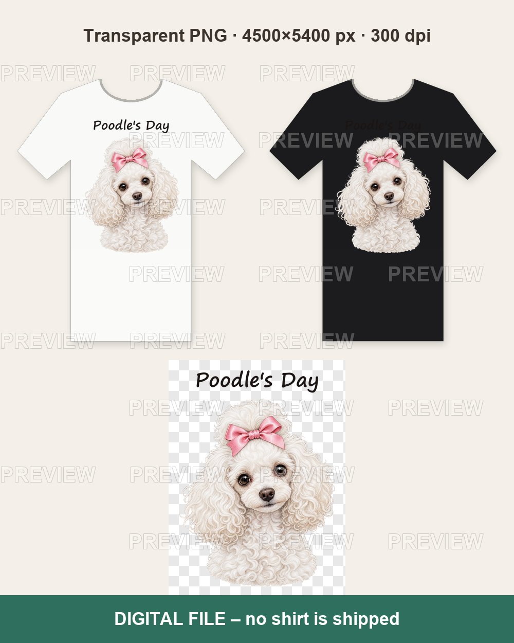Poodle's Day – White Toy Poodle with Pink Bow – T-shirt design PNG