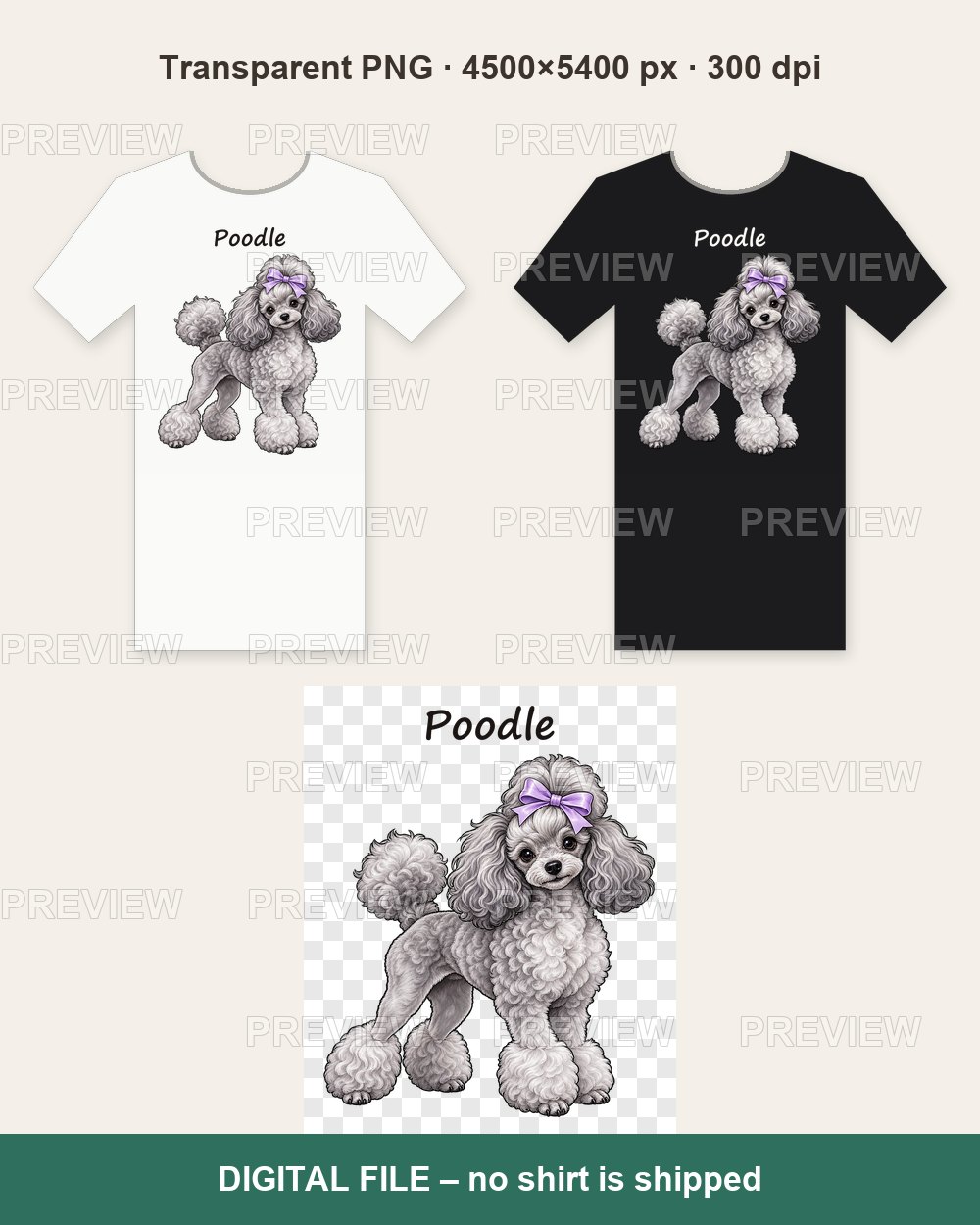 Silver Poodle with Bow – T-shirt design PNG