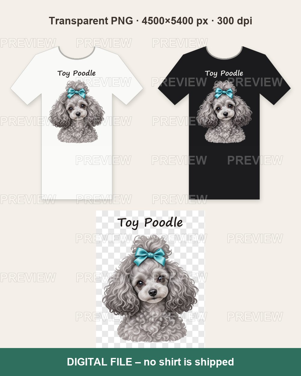Silver Toy Poodle with Teal Bow – T-shirt design PNG