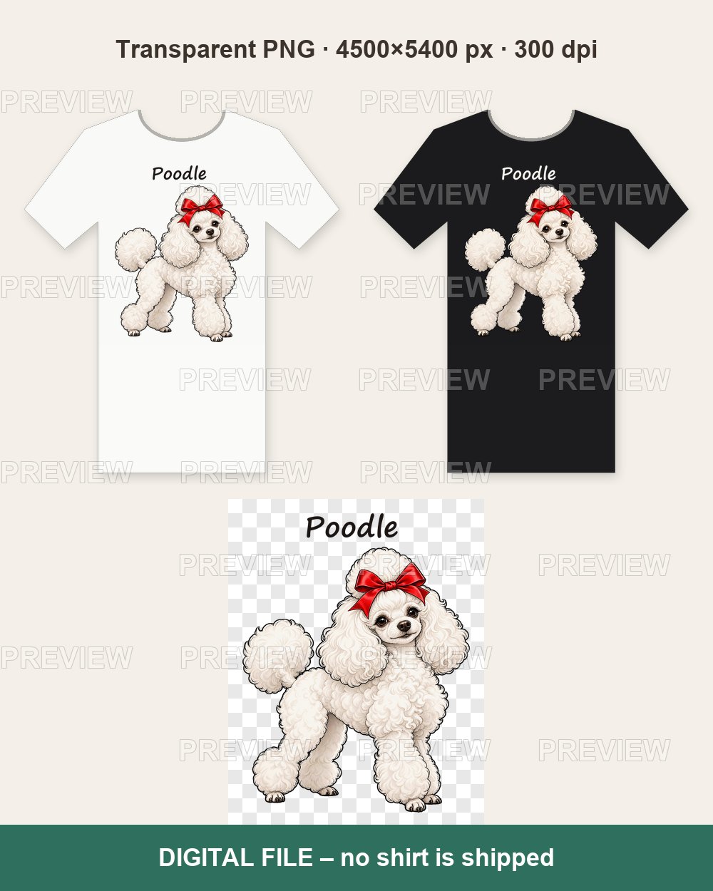 White Poodle with Red Bow – T-shirt design PNG