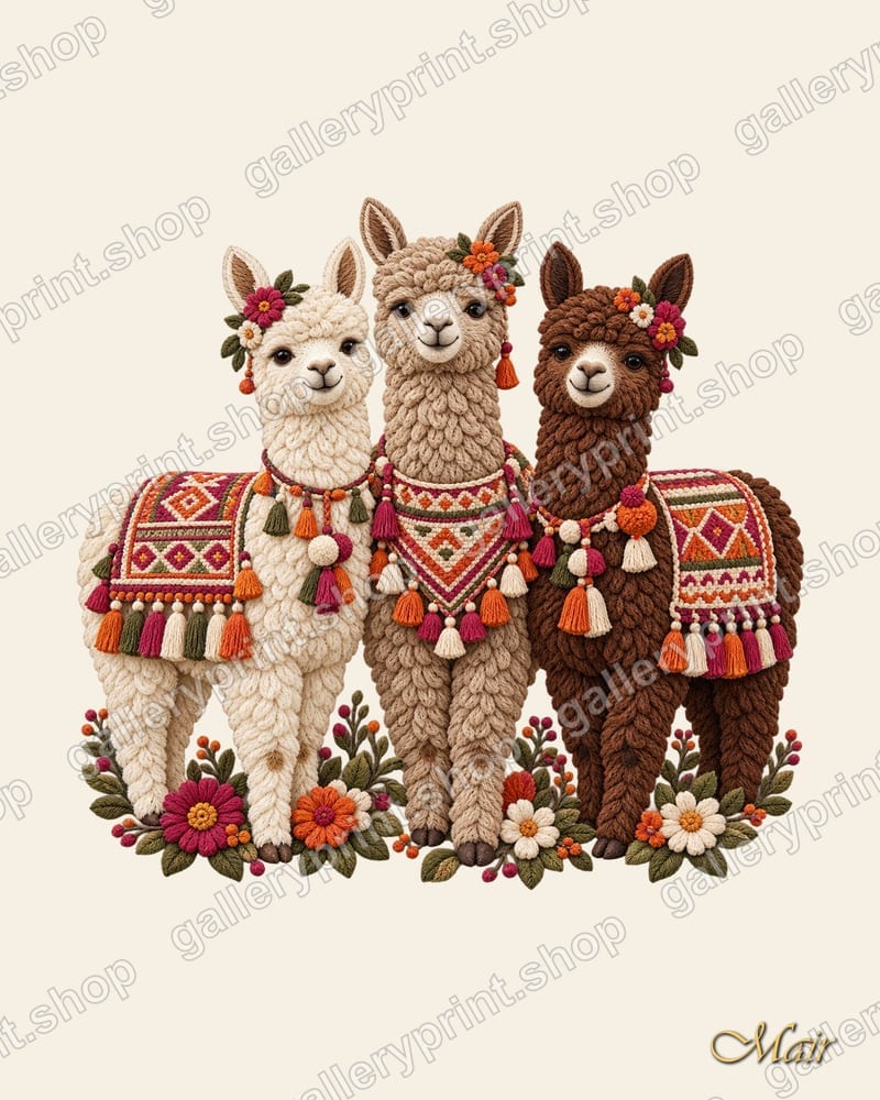 Three Alpacas in Andean Blankets – printable wall art