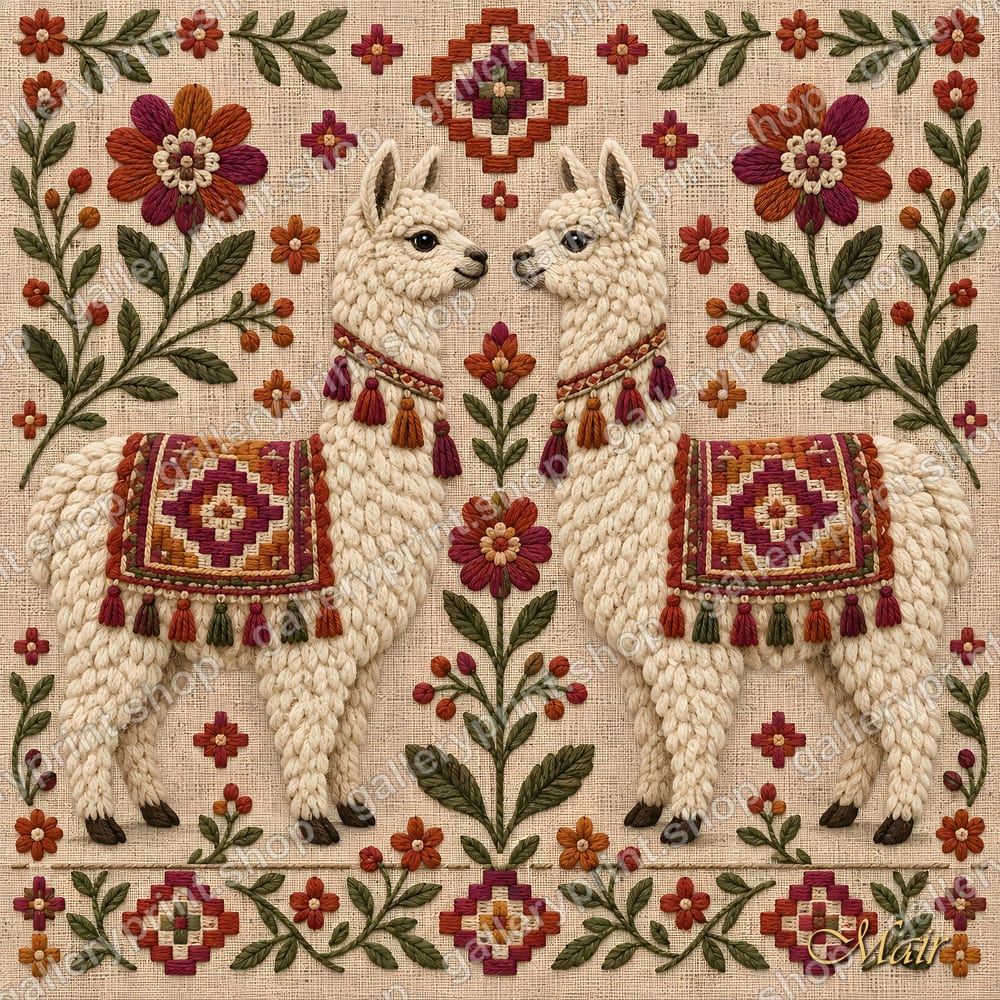 Two Alpacas Folk Embroidery – printable wall art