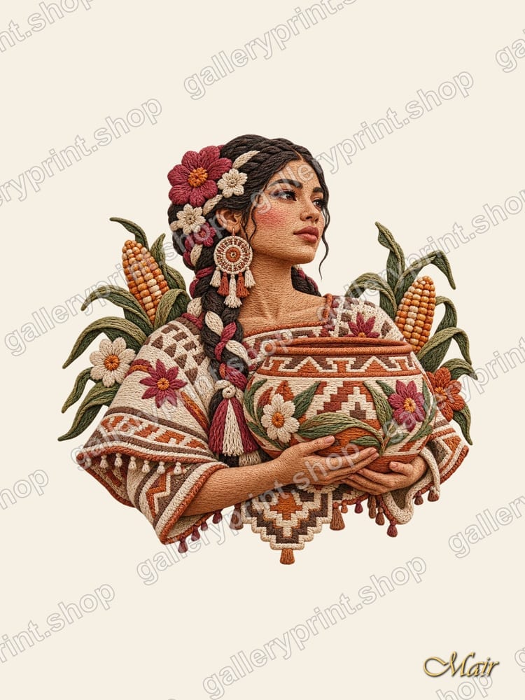 Maya Woman with Corn & Clay Pot – printable wall art